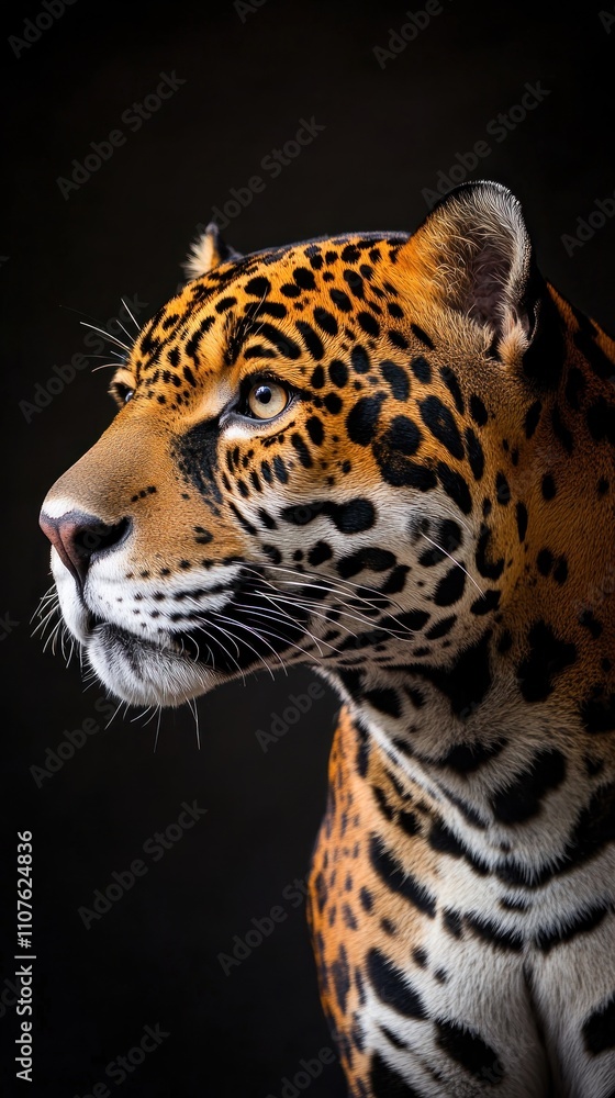 Poster a close-up profile of a jaguar showcasing its striking features and distinctive markings.