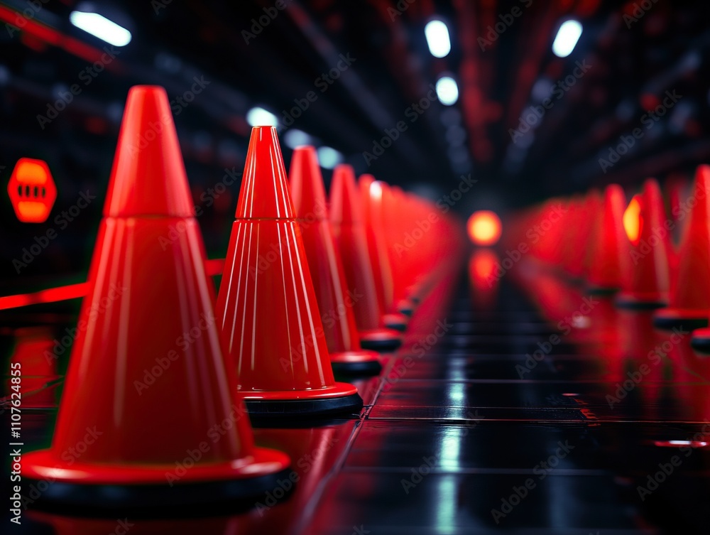 Poster a row of glowing red traffic cones lines a dark corridor, creating a striking visual effect with dra