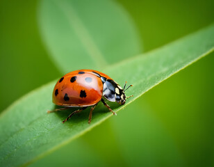 A ladybug crawling on a green leaf under sunlight.