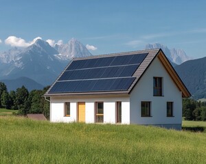 A modern house with solar panels, set against a backdrop of mountains and lush green fields under a clear blue sky.