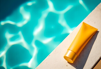 Sun Protection by the Poolside: A vibrant yellow tube of sunscreen rests by a refreshing blue pool.