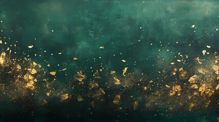 Fototapeta premium A deep green background with soft, golden sparkles scattered like fairy dust, copy and text space, christmas background, 16:9