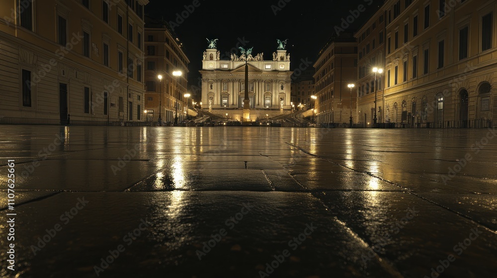 Poster a nighttime view of a grand building reflecting on wet cobblestones.