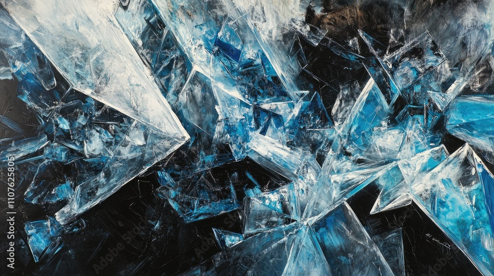 Poster abstract close-up of intricate, glowing ice crystal patterns, with translucent geometric shapes in s
