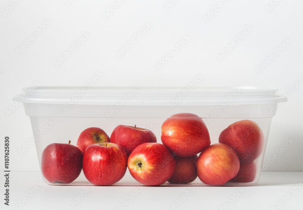 Poster a clear container filled with fresh, red apples arranged neatly.