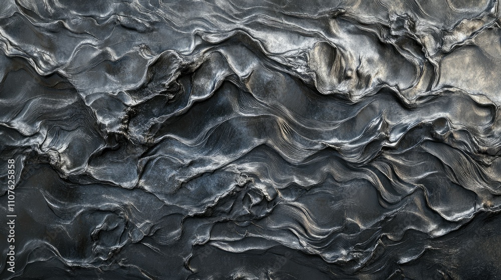 Aufkleber Abstract fluid metallic surface in dark grey with ripples, creating a dramatic and captivating texture that suggests movement and depth in a modern design.