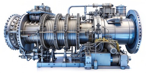 Obraz premium A powerful industrial turbine with intricate mechanical components and a robust design, showcasing the complex workings of modern machinery.