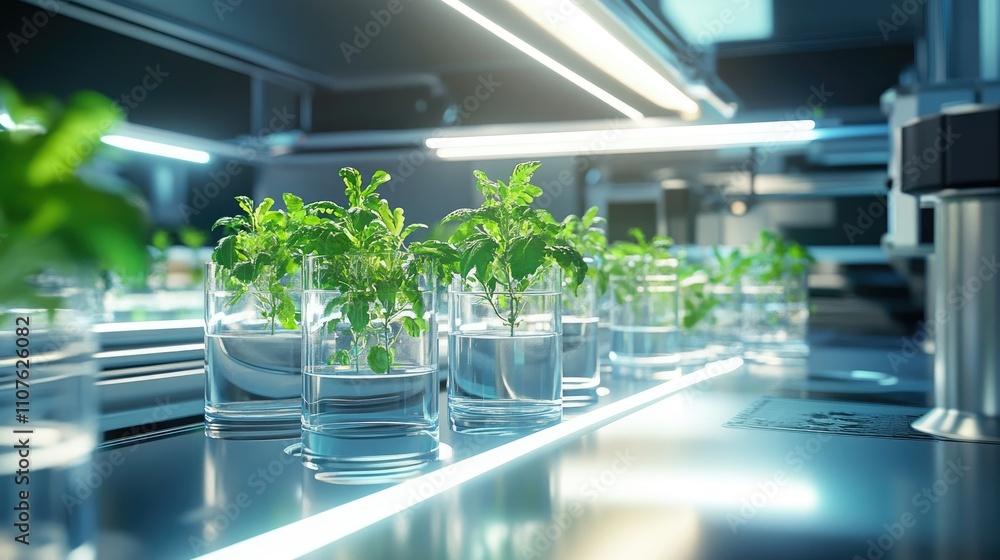 Aufkleber advanced lab setup with glass containers and small plants growing, showcasing cutting-edge research 