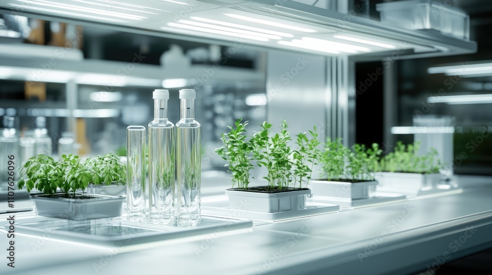 Poster Advanced lab setup with glass containers and small plants growing, showcasing cutting-edge research in a futuristic controlled environment with artificial lighting.