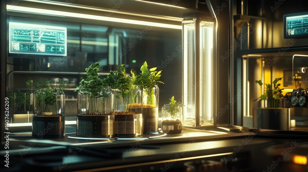 Aufkleber Advanced lab setup with glass containers and small plants growing, showcasing cutting-edge research in a futuristic controlled environment with artificial lighting.