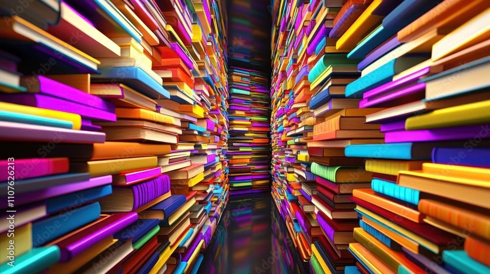 Poster a vibrant corridor filled with colorful books, creating an inviting reading space.