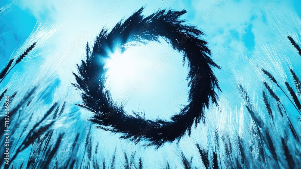 Poster Artistic double exposure combining a black wreath and wheat elements on a bright blue background, perfect for creative visuals and design inspiration