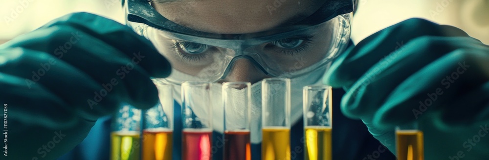 Poster a scientist examines colorful liquids in test tubes, showcasing a laboratory experiment.