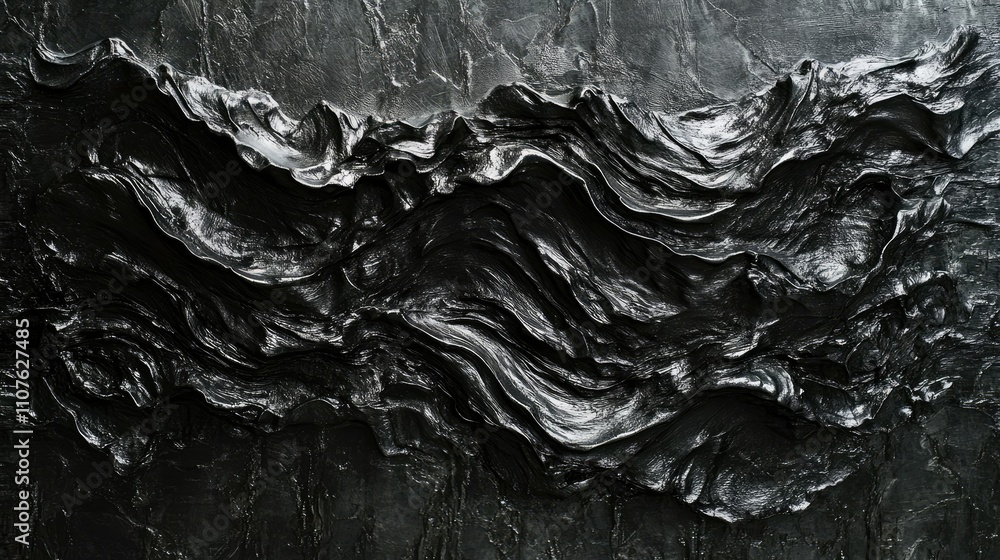 Poster Close-up of a dramatic dark grey abstract fluid texture with ripples on a metallic surface, creating a striking visual effect of movement and depth.
