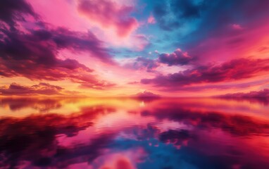 Fototapeta premium A breathtaking sunset paints the sky in vibrant hues of pink, orange, and blue, reflecting beautifully on the calm waters below, creating a serene and enchanting atmosphere.