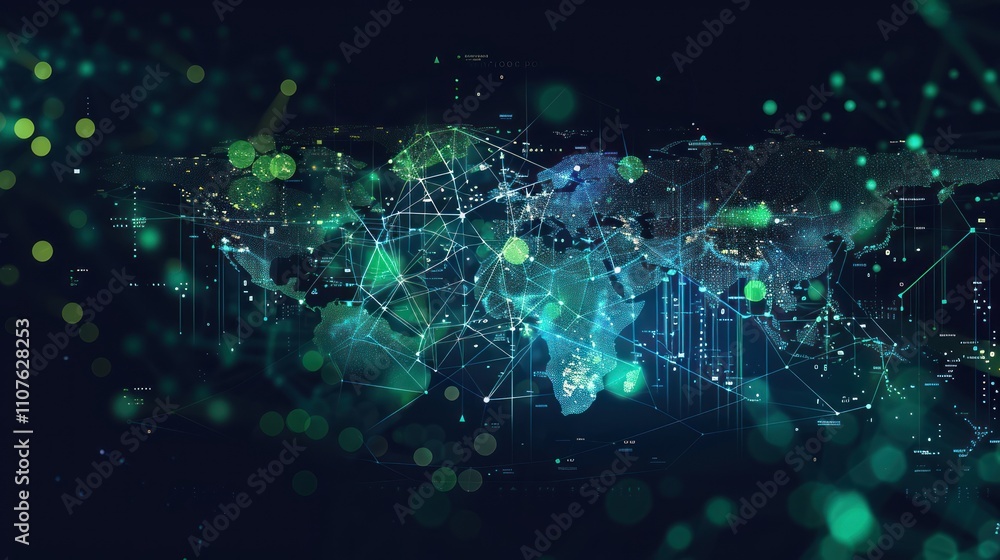 Poster abstract digital world map with network connections and data visualization elements.