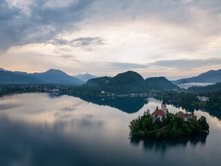Aerial view of the recreation area at Lake Bled in Slovenia