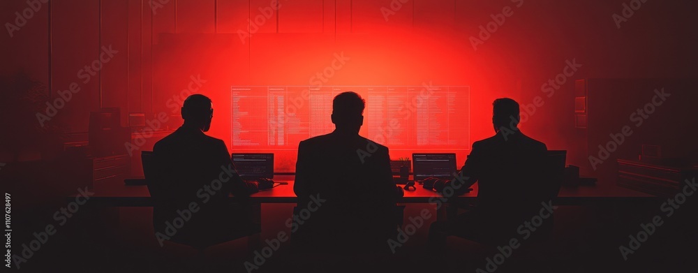 Poster silhouetted figures in suits working in a dimly lit, high-tech environment.