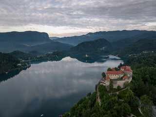 Bled, Slovenia - Aerial drone view of beautiful Bled Castle Blejski Grad with Lake Bled Blejsko...