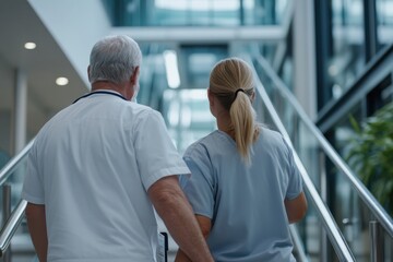 Obraz premium Two healthcare workers, a doctor and a nurse, walk side by side through a modern hospital, showcasing teamwork and dedication in the medical field.