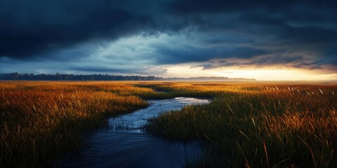 Fototapeta premium A breathtaking view of a tranquil marshland at dusk, where golden grasses sway under a dramatic, cloudy sky. This scene captures nature's fleeting beauty and peaceful ambiance.