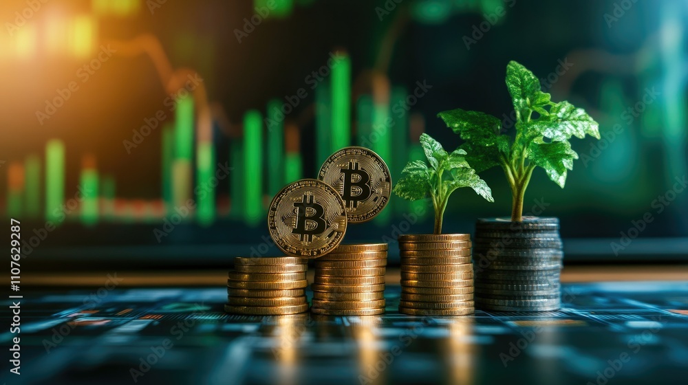 Poster coins stacked neatly on a desk with a background of financial graphs, symbolizing the growth of savi