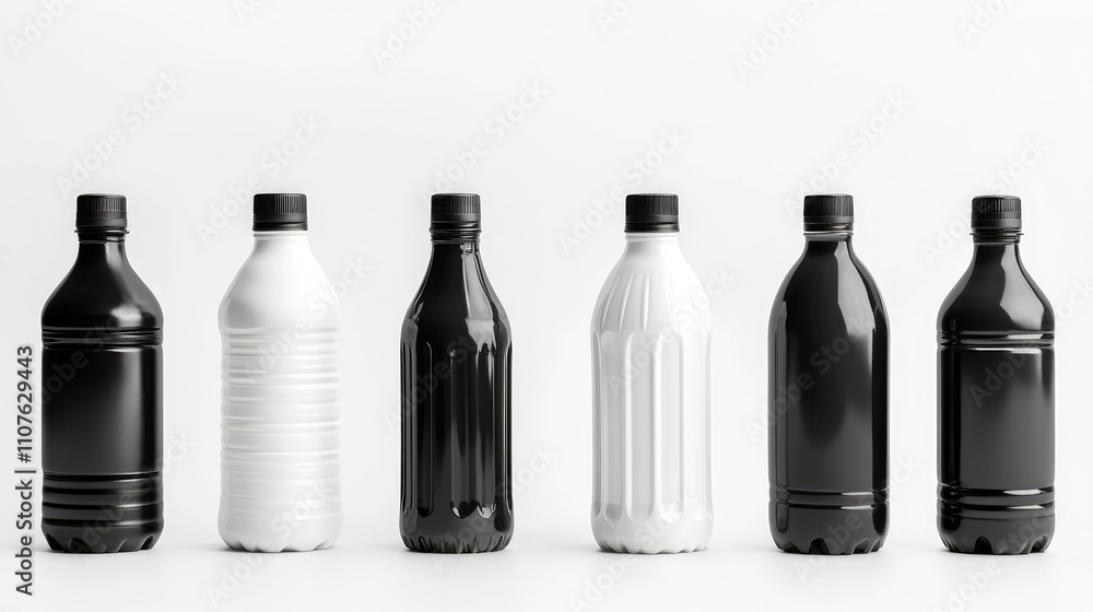 Poster collection of black and white plastic bottles isolated on white, featuring various designs and ample