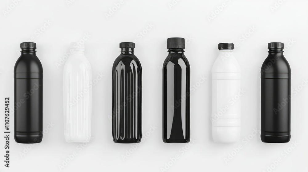 Poster collection of black and white plastic bottles isolated on white, featuring various designs and ample