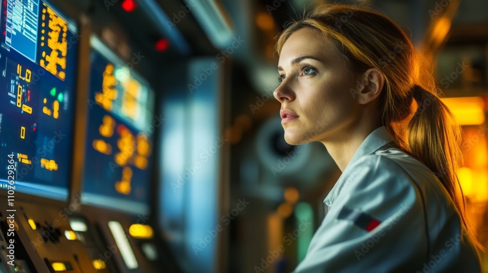 Poster a woman is deeply engrossed in her work in a control room, operating advanced technology and monitor