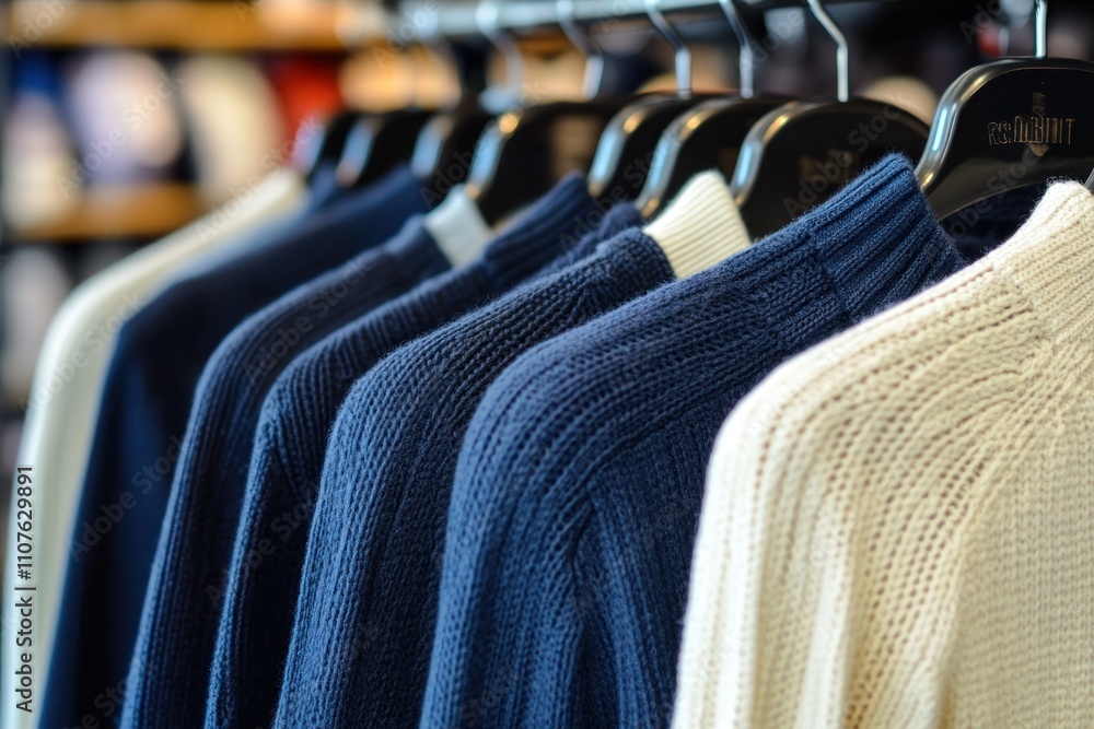 Poster a display of sweaters hanging on hangers in a retail setting.