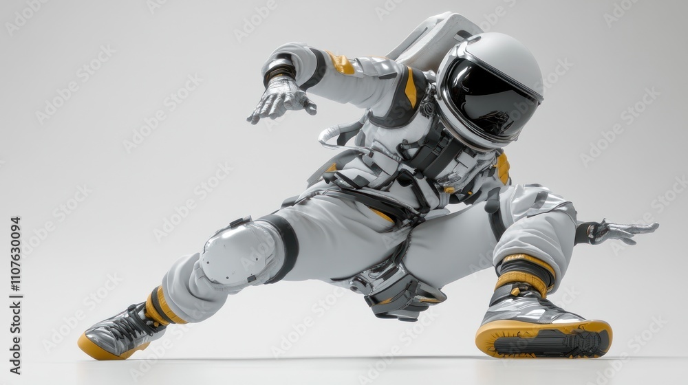Aufkleber a dynamic astronaut in a futuristic suit, poised in a striking action pose.
