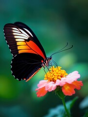 Naklejka premium A striking butterfly lands delicately on a colorful flower, showcasing its vivid colors against a soft green background. A perfect capture of nature?s exquisite details and vibrant life.