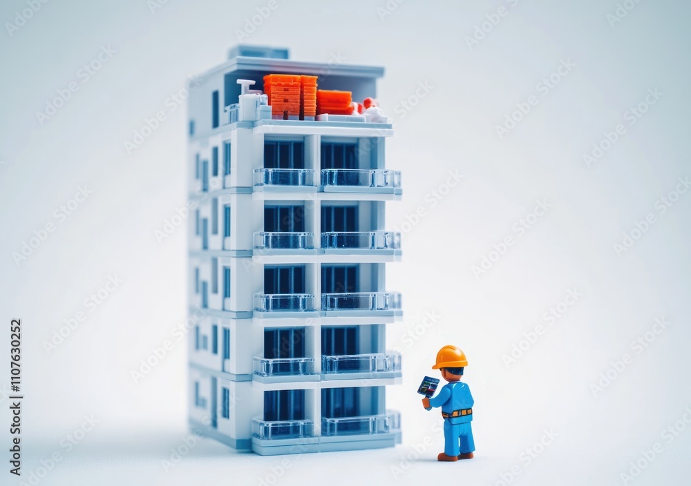 Poster a construction worker inspects a model building with tools on the roof.