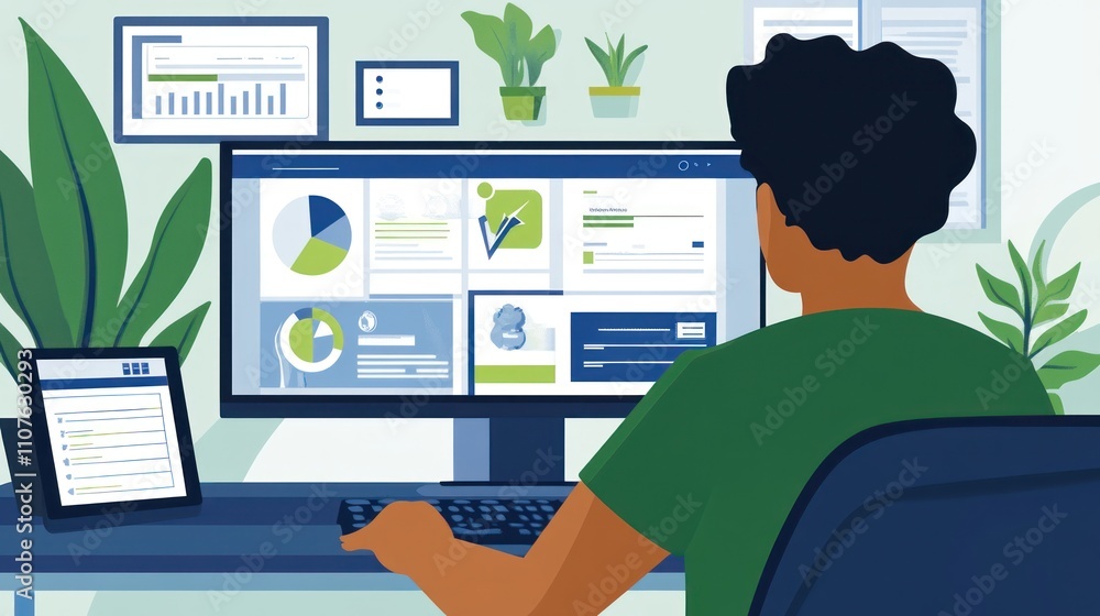 Poster A person analyzing data on a computer screen in a green-themed workspace.
