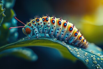 This stunning close-up captures a colorful caterpillar resting on a leaf, highlighting its unique patterns and textures against a softly blurred background.