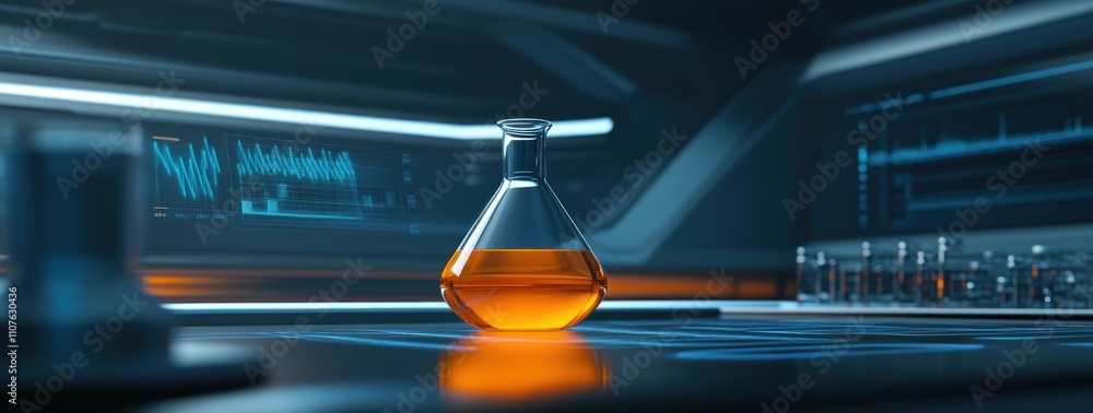 Aufkleber a laboratory flask containing orange liquid, set against a high-tech background.