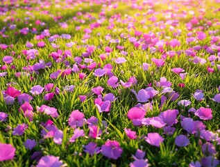 Obraz premium regal purple flower petals scattered on a soft green grassy field, spring season, natural scenery, nature photography