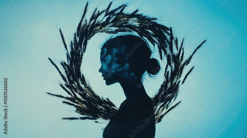 Poster double exposure photography featuring a black wreath and wheat elements on a vibrant blue backdrop, 