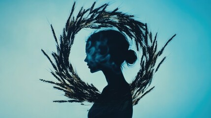Double exposure photography featuring a black wreath and wheat elements on a vibrant blue backdrop, perfect for creative and artistic visual concepts