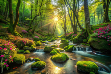 serene forest scene with sunlight filtering through dense canopy, illuminating tranquil stream surrounded by moss covered rocks and vibrant pink flowers