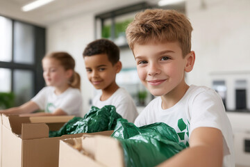 Smiling Boy Participating in Recycling Activity with Friends, Sorting Waste in Community Center