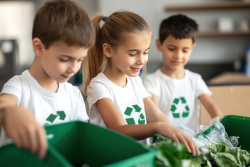 group of Children engaged in recycling activity with green bins indoors