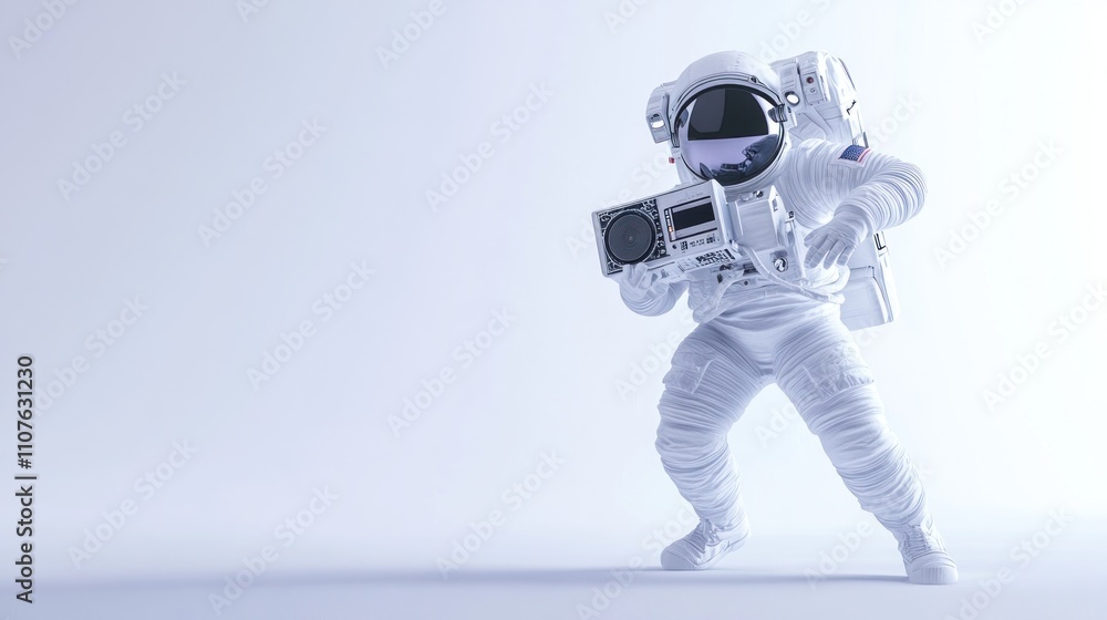 Poster an astronaut poses with a retro camera in a minimalist, light-filled environment.