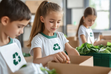 group of Children in Recycling T-shirts Sorting Vegetables in Cardboard Boxes for Community Service