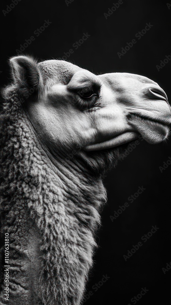 Poster A close-up black and white portrait of a camel, highlighting its unique features and textures.