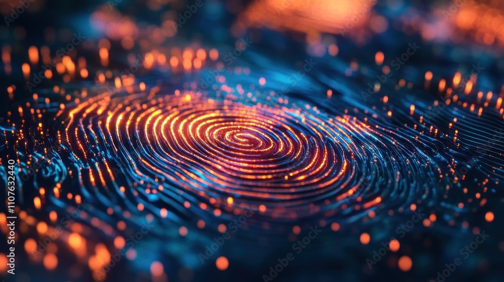 Poster abstract representation of a fingerprint with glowing lines and particles.