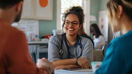 Fototapeta premium Volunteers at a community health fair providing wellness advice and screenings