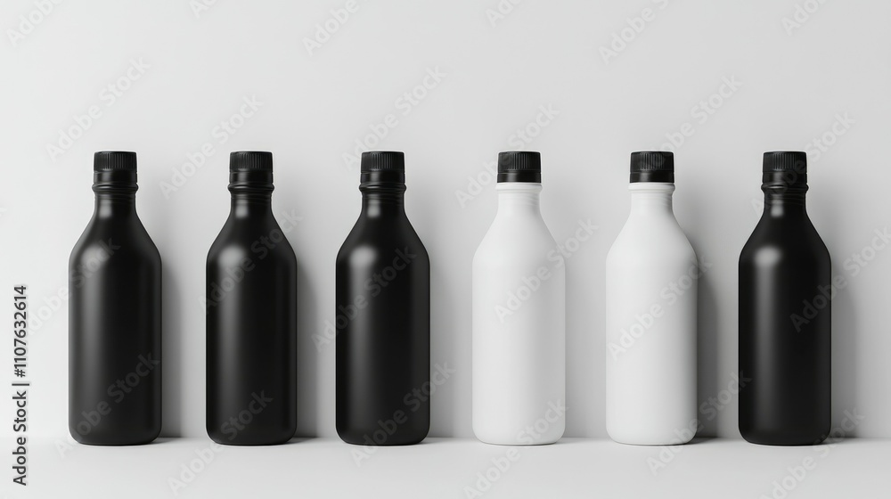 Poster Group of black and white plastic bottles on a plain white background, designed for product display with different shapes and sizes, leaving space for copy or branding
