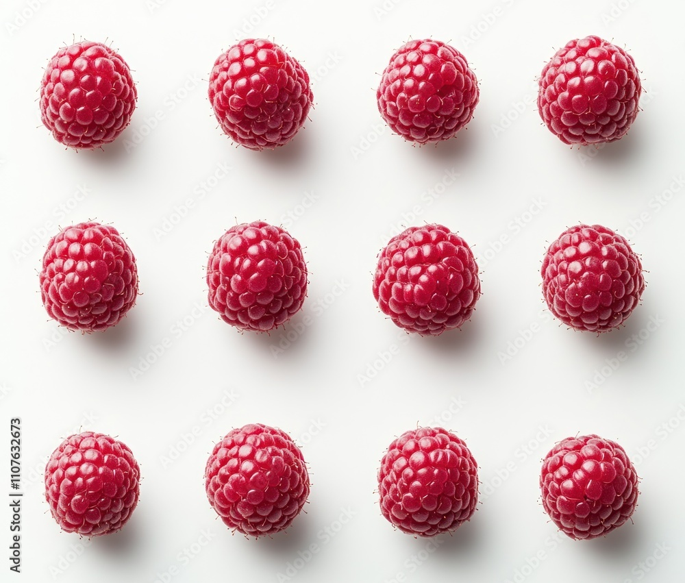 Poster a grid of fresh raspberries arranged neatly on a white surface.