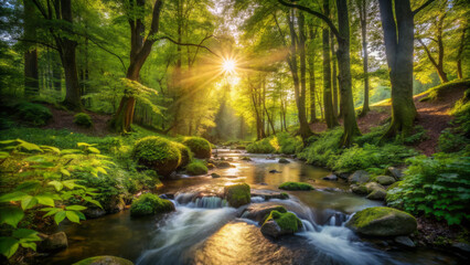 Obraz premium serene forest scene with sunlight streaming through lush trees, illuminating tranquil stream surrounded by vibrant foliage and moss covered rocks, creating peaceful atmosphere